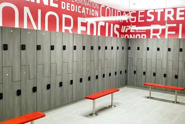 Custom millwork at a fitness facility by Pio Custom Cabinetry