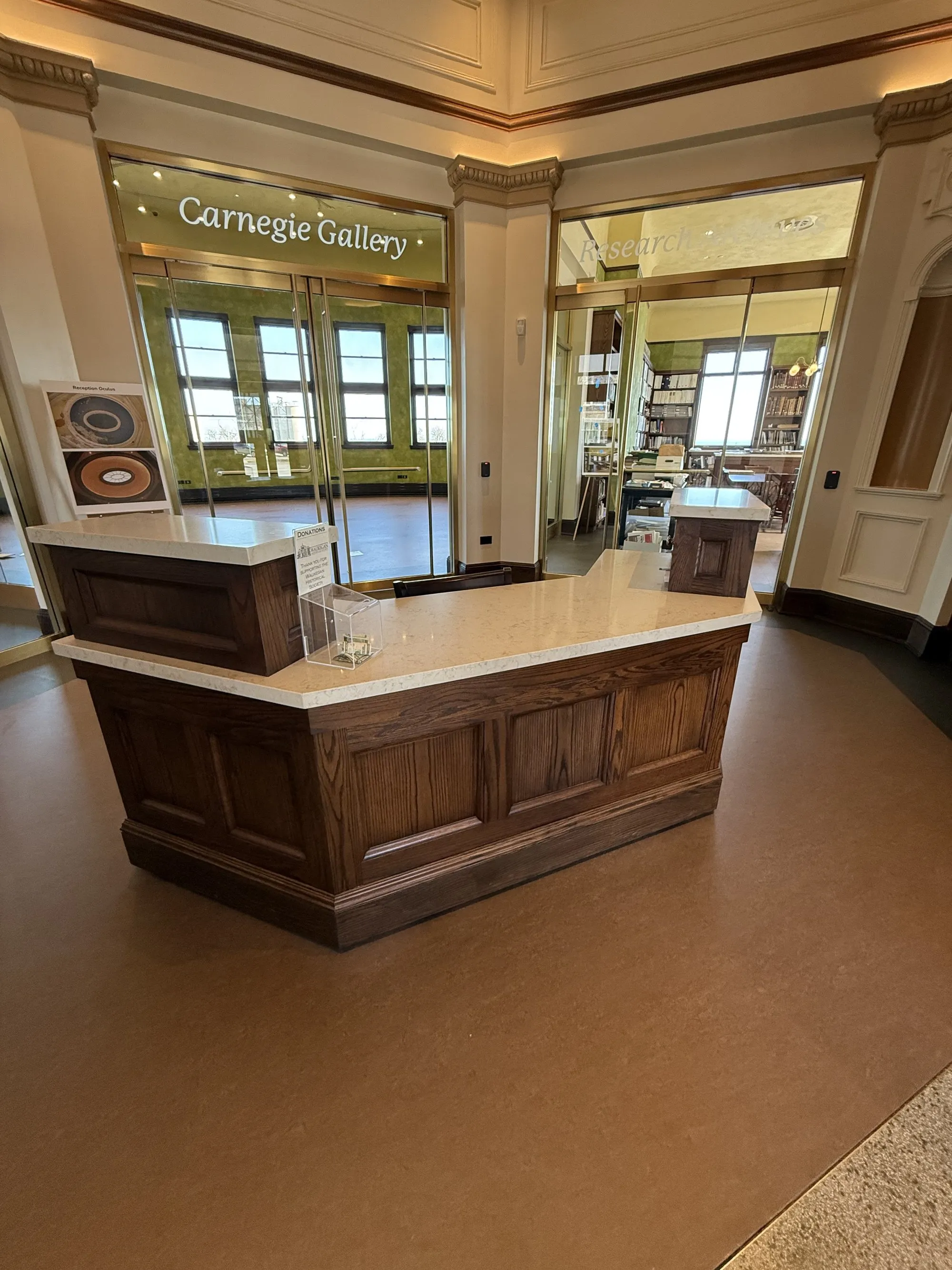 Custom wood reference desk detail