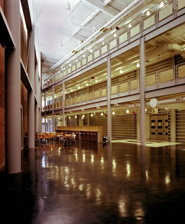 School commons with a custom serving counter and bar seating