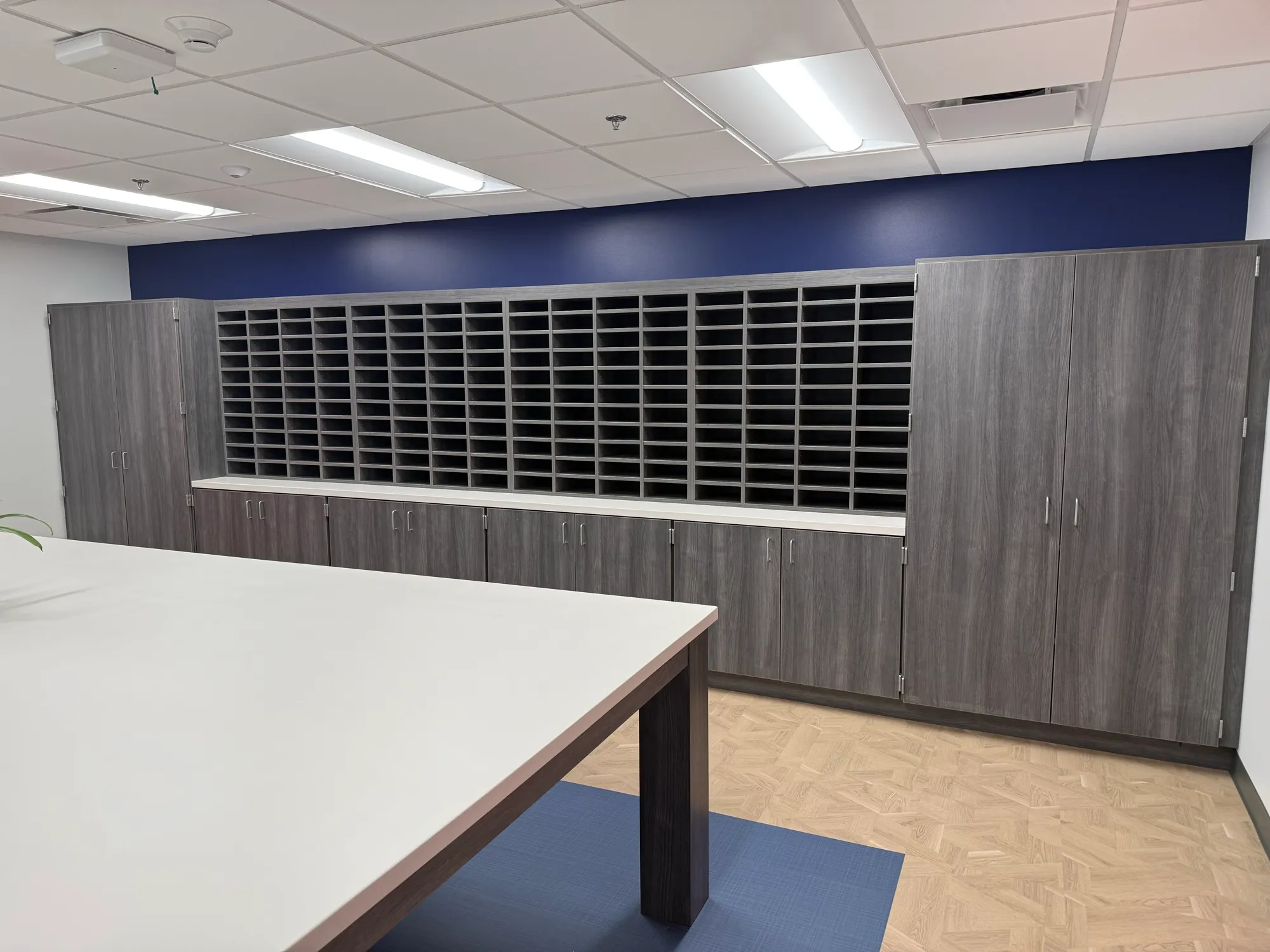 School faculty workroom with grey-laminate mail-sort casework and tall storage cabinets