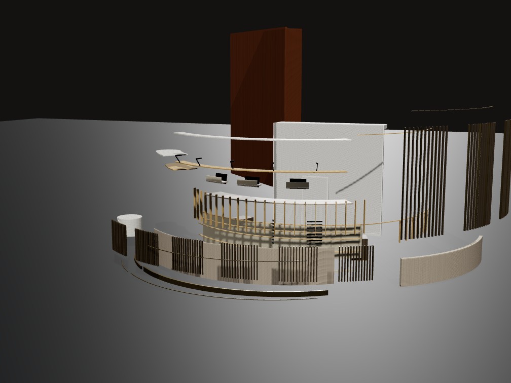 3D exploded-view rendering of the Pointe O'Hare curved reception desk