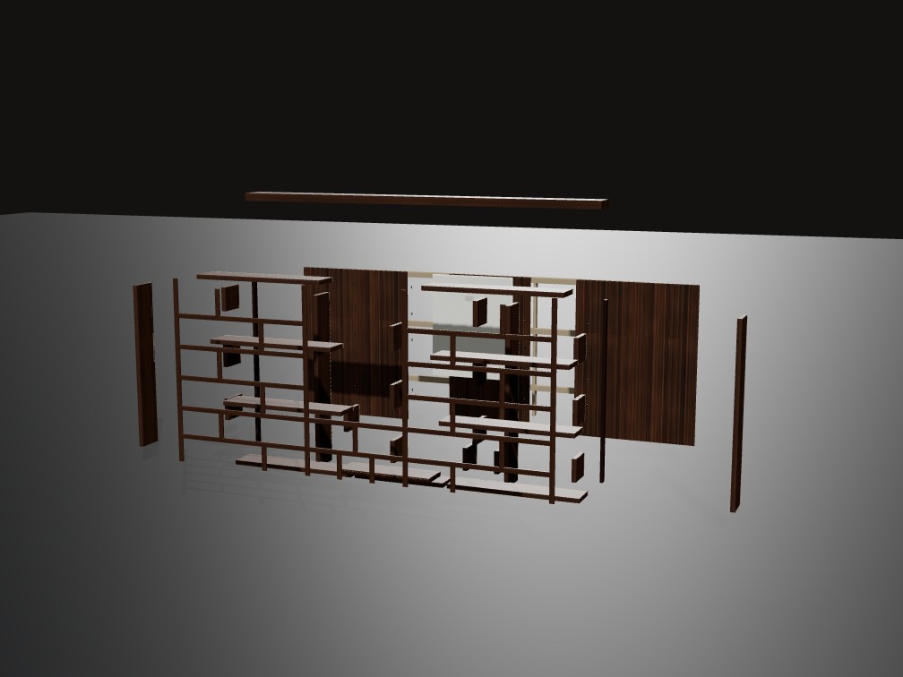 3D exploded-view rendering of the Turano walnut bookcase wall