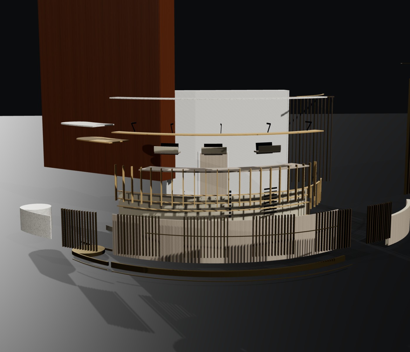 Exploded view of the Pointe O'Hare reception desk with every component separated