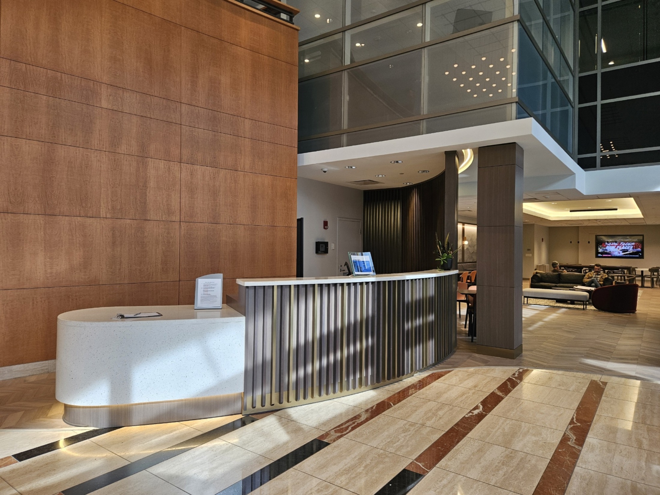The finished Pointe O'Hare reception desk installed on site