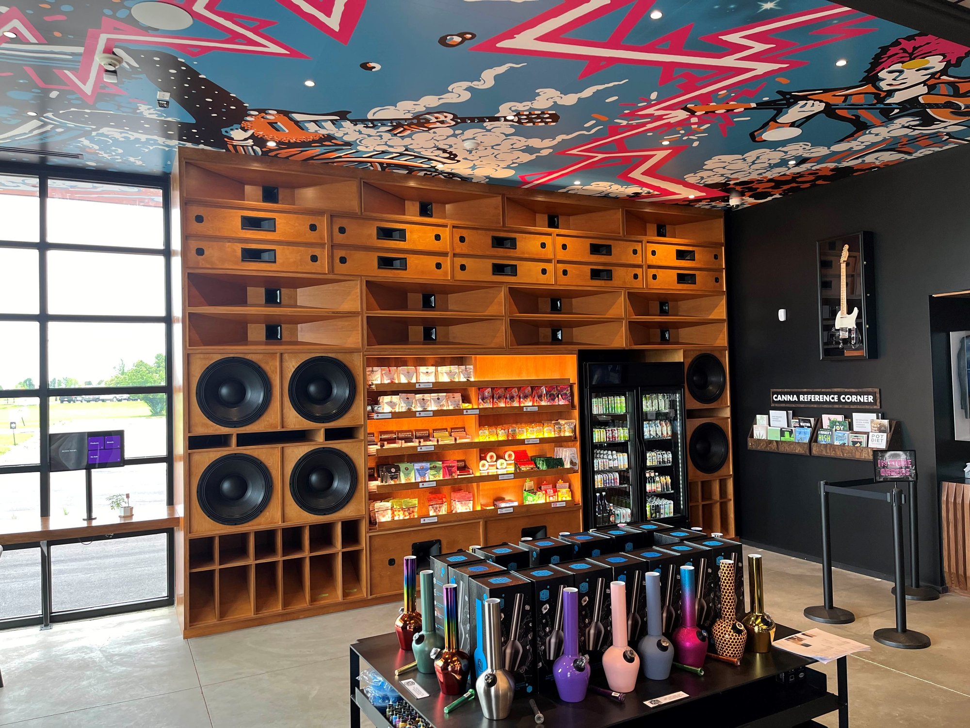 The finished Breeze dispensary speaker wall installed on site